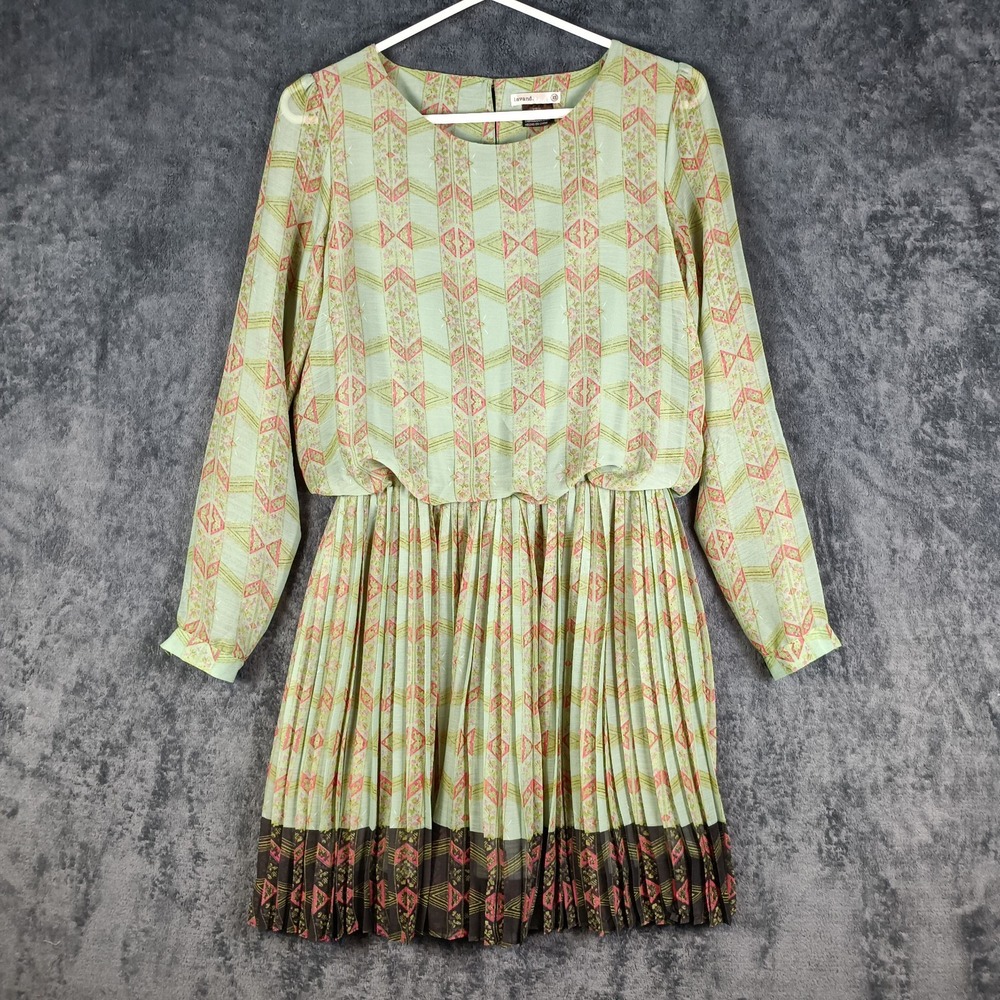 Anthropologie Lavand Dress Size XS Green Geo Print Pleated Skirt Long Sleeve